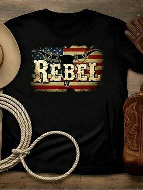 Rebel Longhorn Skull Western American Flag Graphic Tee